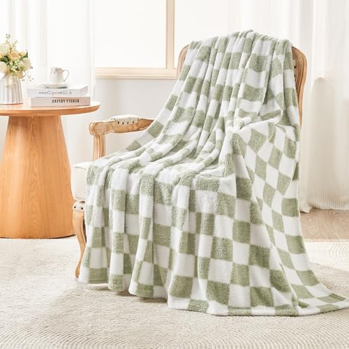EMME Fleece Blanket Throw Blanket, Sherpa Fluffy Flannel Blanket, 150 x 200cm, Checkered Blankets, Soft Warm Cozy Throw Blankets for Bed, Couch, Sofa, Armchairs, Picnic, Sage Green