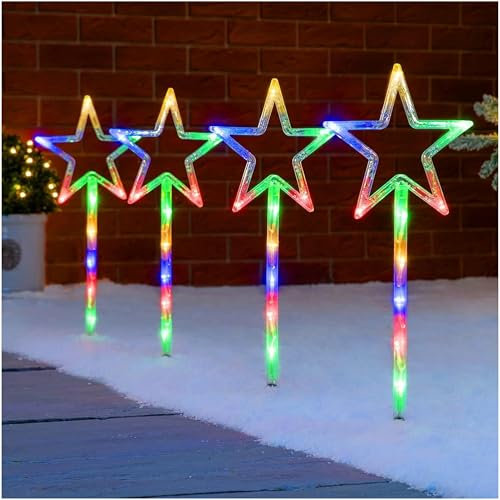 ADEPTNA 4 Pack Star Path Lights - 60 LED Battery Operated Garden Stake With 8 Modes - Outdoor Xmas Decor for Pathways, Walkways, Lawn, Driveway - Perfect for Christmas (Multicolour)