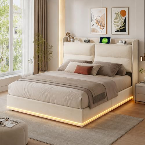 Letto Matrimoniale Contenitore 160x200cm, Letto Imbottito Velluto Beige, Letto con LED, USB Type-C e Ricarica Wireless, Letto Salvaspazio con Sollevamento Idraulico, Doghe in Legno e Telaio Metallo