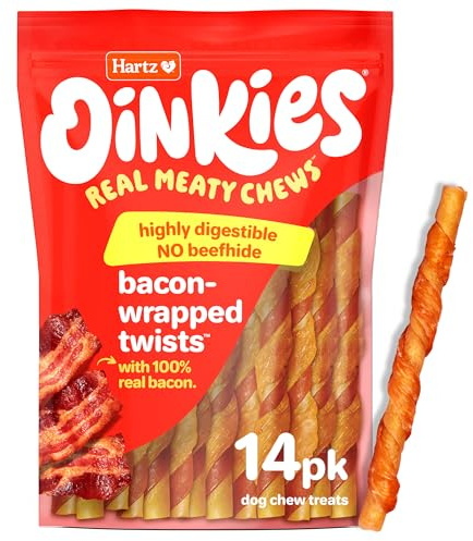Hartz Oinkies – Lot de 14 Torsades enveloppées de Bacon à mâcher avec du Bacon 100% véritable et sans Peau de bœuf, 14 pièces
