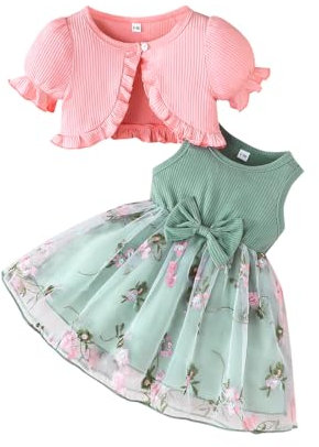 LUVCES Vestito Bambina Tutù e Cardigan 2 Pezzi Set Floreale Senza Maniche con Papillon Tulle Abito Vestiti + Cardigan Abbigliamento Estivo per Festa di Compleanno Manica corta Rosa 9-12 Mesi