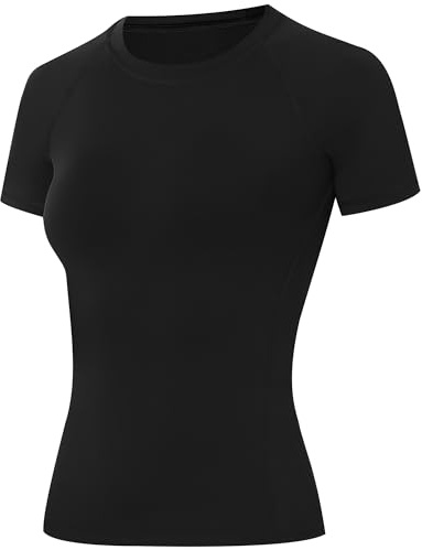 Runhit Compression Shirts Woman Workout Gym T Shirts Short Sleeve Athletic Tops Moisture Wicking Undershirts for Running Yoga Black M
