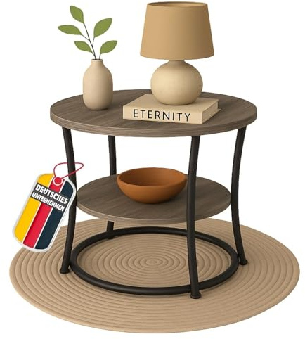 Coemo Beistelltisch Grau Tamy mit 2 Ebenen Ø 55 cm x 55 cm - Runde Form, Holzoptik & Metallrahmen - Metall Couchtisch - Schlafzimmer, Flur & Wohnzimmertisch - Coffee Table & Sofa Tisch
