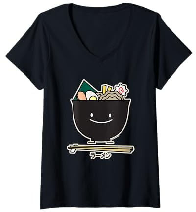 Mujer Ramen Bowl Fideos Palillos Sopa de Algas Char siu Cerdo Camiseta Cuello V