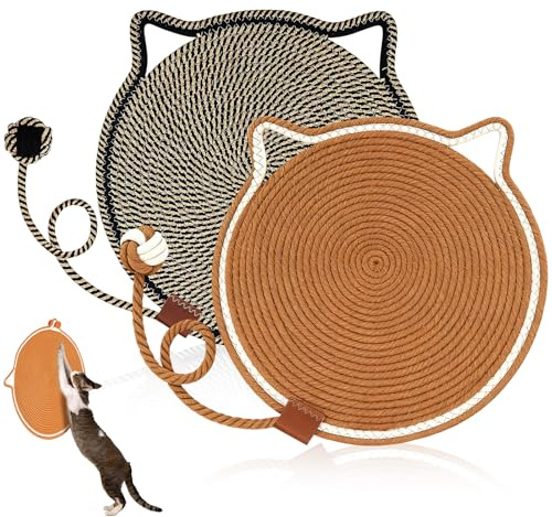 2 Pcs Cat Scratching Mat, 16.5'' Cotton Rope Cat Scratch Pad Round Horizontal Cats Scratcher Mats Furniture Protector for Floor Carpet Sofa (Black, Brown)