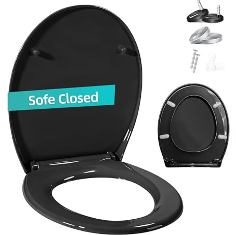 Toilet Seat Soft Close with Quick Release for Easy Clean, Soft Close Oval Toilet Seats with Adjustable Hinges, Universal Toilet Lid in Sturdy Anti-Bacterial Premium PP Material, Black