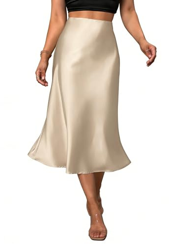 Women's Satin Midi Skirt Elegant Fishtail Silk A Line Casual Skirts for Party Wedding (Beige/Apricot, Large)