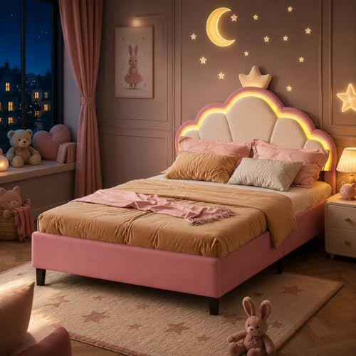LIVLUX 4ft6 Double Pink Velvet Princess Bed, Upholstered Girls Bed with LED Crown Headboard, Height Adjustable Bed 135x190 cm, Wooden Slatted Base