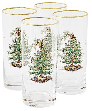 Spode Christmas Tree 15oz Highball Glasses, Set of 4 - Gold-Rimmed Elegant Holiday-Themed Glassware, Festive Holiday Drinkware for Christmas Parties, New Year’s Toasts & Festive Occasions
