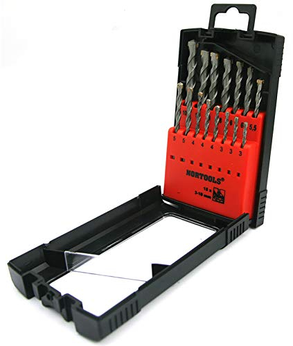 NORTOOLS Steinbohrer Set 15-teiliges Mauerwerksbohrset mit gefräster Flöte mit Hartmetallspitze(3-10 mm Durchmesser) für Beton, Backstein, Naturstein Zement Schwere Bohrersätze ﻿