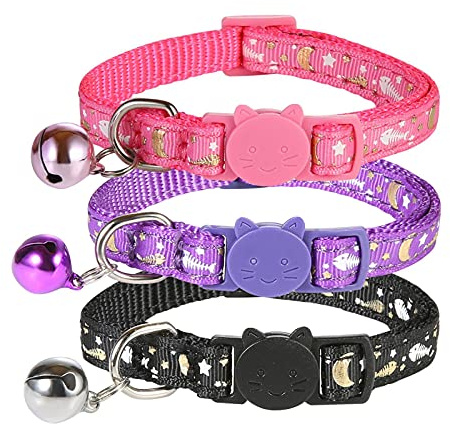 SLSON 3 Pack Cat Collar Breakaway Kitten Collar with Bell Moon Star and Fish Bone Pattern Cat Collars Glow in Dark Adjustable from 18-28cm, Purple, Pink, Black