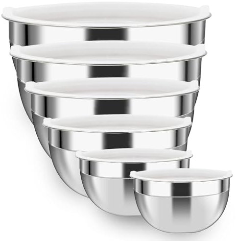 Luvan 304 Edelstahl Schüssel 6er-Set (4, 3.2, 2.5, 1.8, 1.45, 0.96 l), Große Salatschüsseln mit Deckel, Rührschüsseln für die Küche, Faltbare Nistschüssel aus Metall, Spülmaschinenfest