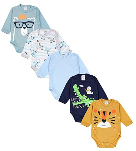 TupTam Wickelbody Langarm Baby Body im 5er Set – Weicher Body Baby aus Baumwolle für Mädchen & Jungen, Farbe: Farbenmix 1, Größe: 56