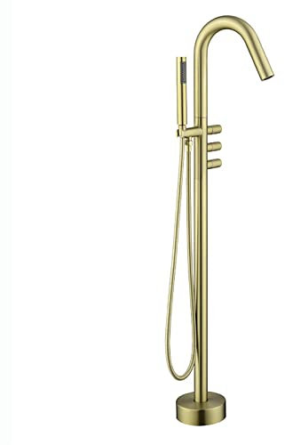 SHUGUANG Robinet de Baignoire Ilot Autoportante avec Douchette à Main, Laiton Mitigeur de Baignoire Îlot sur Pied Double Poignée Mitigeur de Douche Au Sol 360° Rotatif Robinet de Douche,Brushed Gold