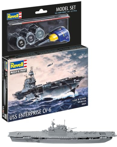 Revell Model Set 65824 USS Enterprise CV-6 1:1200 Scale Unbuilt/Unpainted Plastic Model Kit with Contacta Professional Glue, Paintbrush & Selected Aqua Color Paints