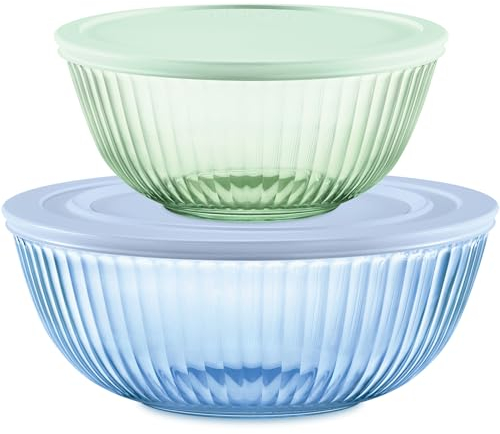 Pyrex Farbig getönte Glas-Rührschüsseln mit Deckel, stapelbar, platzsparendes Set zum Zubereiten und Backen, 2,3 l und 4,5 l, 4 Stück
