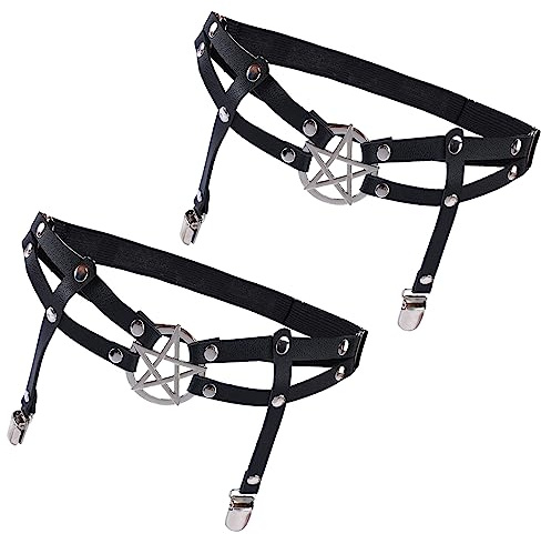 2 Piezas Liga de Pierna de Cuero Liga Gótica Negra Liga de Muslo Ajustable de Doble Capa con Clips Antideslizantes Accesorios de Fiesta de Cosplay de Carnaval Rave de Halloween para Mujer