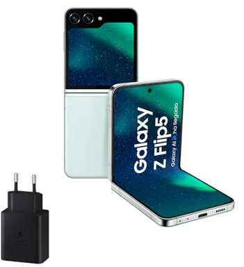 Samsung Galaxy Z Flip5, 256 GB + Cargador 45W - Teléfono Móvil Plegable con IA, Smartphone Android Libre, 8GB de RAM, Diseño Plegable, Verde claro (Versión Española)