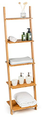 COSTWAY Étagère Échelle à 5 Niveaux, Bibliothèque Penchée en Bambou, Support pour Plantes Gain de Place, Étagères d'Affichage pour Salon, Cuisine, Bureau, Naturel