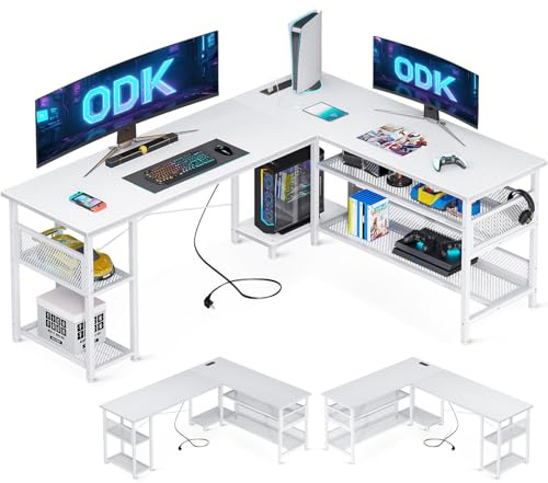 ODK L Shaped Gaming Desk, 168 x 120 cm Reversible Computer desk with 2 Sockets and 2 USB Charging Ports, Corner Desk with Storage for Home Office White