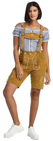 Steigenhöfer läderbyxor dam kostymshorts – 100 % kohud – Annika – traditionella korta byxor för kvinnor – inklusive justerbara remmar – bältesögla – Dirndl alternativ, Ljusbrun, 40