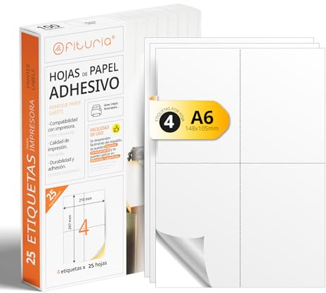 Etiquetas Adhesivas Blancas, Crea tus Pegatinas Personalizadas para cualquier Superficie, Papel A4 Adhesivo Seguro, Etiqueta Adhesiva para Imprimir - Ofituria (4 por hoja, 25h)