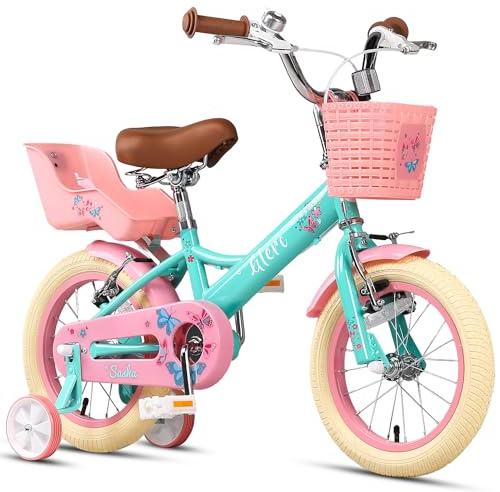 Glerc Sasha 14 tums barncykel för 3-, 4- och 5-åriga flickor i retrovintagestil, barncyklar med dockcykelsäte och stödhjul, grön