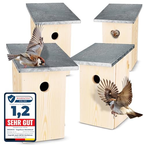 4 Stück Oramics Nistkasten Vogelhaus mit wasserdichtem Mettaldach - Kiefernholz Vogelnistkasten zum Aufhängen für Wildvögel und Gartenvögel – Nisthaus wetterfest und langlebig für Garten und Terrasse