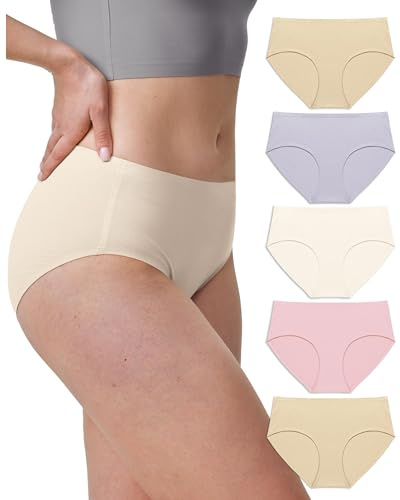 Neione Culotte sans Couture Femme Slips Invisible en Coton Hipster sous Vêtement Taille Mi-Haute Stretch Lot de 5 Sweet Nude L