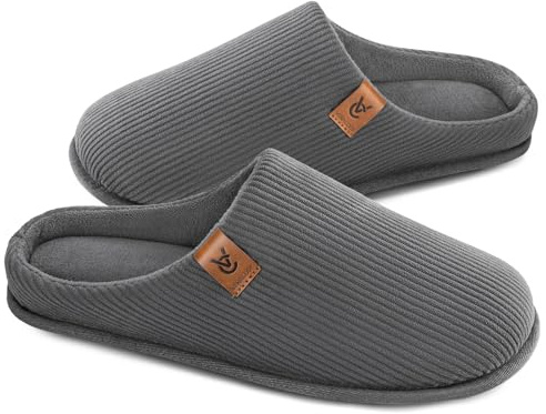 VeraCosy Pantoufles pour hommes confortables à enfiler en velours côtelé avec mousse à mémoire de forme, chaussons d'intérieur Gris anthracite,46-47 EU
