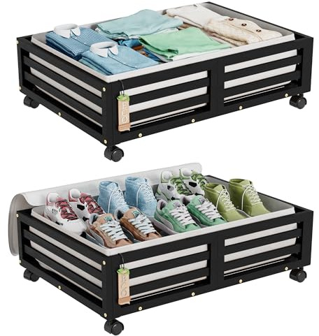 Wisuce Bamboo Under Bed Storage Containers- Underbed Organizer with Wheels with Large Dust Bag,Sturdy Wood Rolling Under the Bed Shoe Storage Organizer Drawer 2 Pack