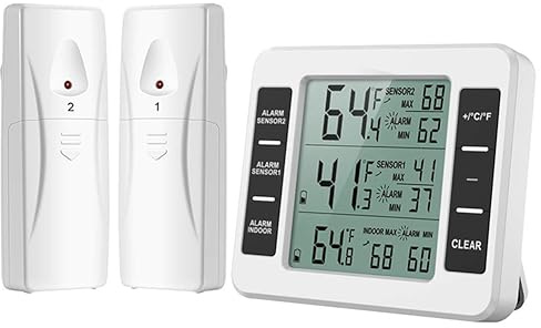 Haslbeck Trådlös kylskåpstermometer digital frystermometer temperaturmonitor med 2 sensorer för inomhus- och utomhusbruk lätt att använda