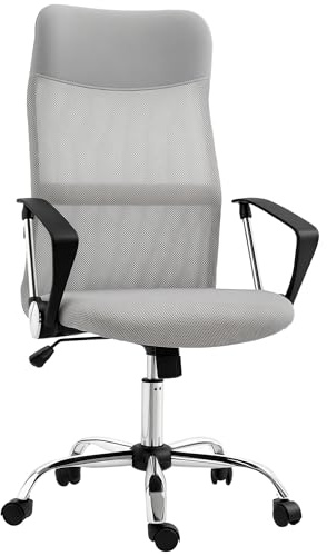 HOMCOM Silla de Oficina de Malla Silla de Escritorio Giratoria con Altura Ajustable Función de Basculante Respaldo y Asiento Transpirable Carga 120 kg para Estudio Gris Claro