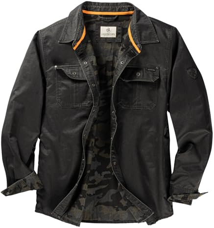 Legendary Whitetails Mens Flannel Lined Shirt Jacket Waxed Cotton Water Resistant Shacket, Black, XL