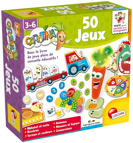Lisciani - CAROTINA - Coffret 50 Jeux Éducatifs 3-6 Ans – Stylo Parlant Interactif Autocorrectif – Apprentissage Alphabet, Nombres, Formes, Couleurs & Animaux – Mémoire, Logique – Jeu Éducatif Enfant