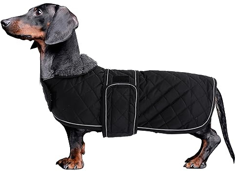 MOREZI Hundemantel Winter für Dackel - Wasserdichter Hunde Pullover mit Wolle Futter & Verstellbaren Gurten, Warmer Wintermantel für Kleine Hunde im Freien-Schwarz-S