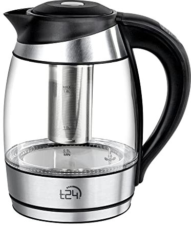 T24 Glas Wasserkocher, Teekocher 1,8 L, Wasserkocher mit Teesieb, Wasserkessel 2200 Watt, LED Beleuchtung-Farbe je nach Temperaturwahl + BPA Frei, Kettle, Heißwasserkessel mit Wasserstandanzeige