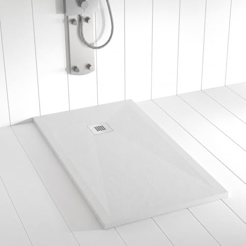 Plato de ducha resina PLES desagüe centrado color Gris Cemento 130x80 textura pizarra antideslizante rejilla inox con válvula