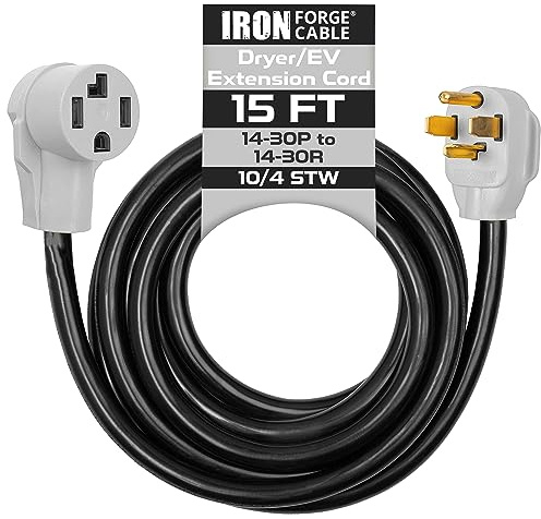 Iron Forge Cable 15 Ft Dryer/EV Extension Cord - 14-30P to 14-30R Black STW 10 Gauge Cable, 30 Amp Heavy Duty for EV Charging and RV Trailer Campers.