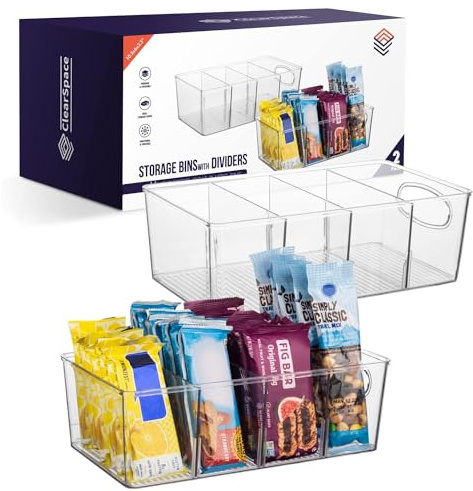 CLEARSPACE Plastic Pantry Organizers and Storage Bins with Removable Dividers – Perfect Kitchen Organization or Pantry Storage – Refrigerator Organizer Bins, Cabinet Organizers (2 Pack)