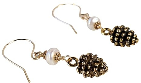 Pinecone and Freshwater Pearl Dangle Earrings with Handcrafted 14k Goldfilled Earwires - Artisan Handmade Nature Jewelry
