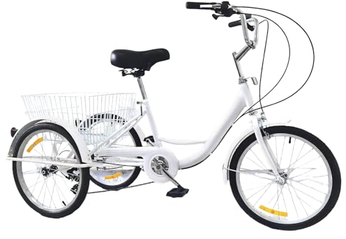 Garbenat trehjuling 20 tums trehjuling för vuxna 3 hjul cykel med korg 8-växlad trehjuling cykel 110 kg belastning cykel vuxen trehjuling för män och kvinnor vit