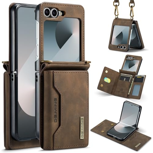 Étui portefeuille pour Samsung Galaxy Z Flip 5, étui housse en cuir mat porte-cartes bandoulière détachable design boucle housse - Café