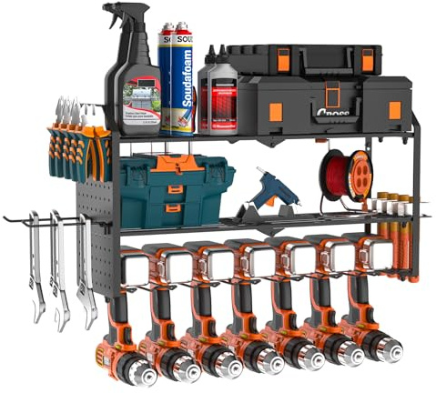 GOYOXOKY Power Tool Organizer Storage, 3 Layer Tool Rack for 7 Drill Holders, Heavy Duty Wall Mounted Holder with Side Screwdriver Rack for Garage, Home, Workshop
