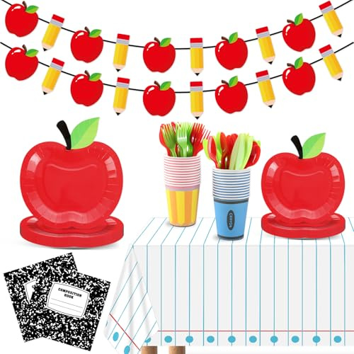 147 Pcs Back to School Decorations Apple Paper Plates and Napkins First Day of Schools Tableware Supplies Disposable Tablecloth Apples Pencil Crayon Cups Forks for 24 Guests Kids Birthday Party Decor