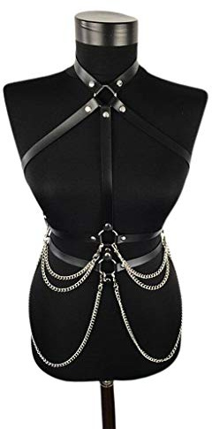 sodeber Womens Punk Black Faux Leather Waist Belt Neck Body Chest Harness With Metal Chain Adjustable Buckles O-Rings
