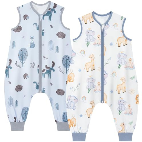 Yukkidds Baby Schlafsack Sommer mit Füßen 0.5 TOG 2er Pack, Sommerschlafsack kinder mit Beinen 100% Baumwolle für 6-18 Monate Jungen und Mädchen, 70 cm Blauer Elefant