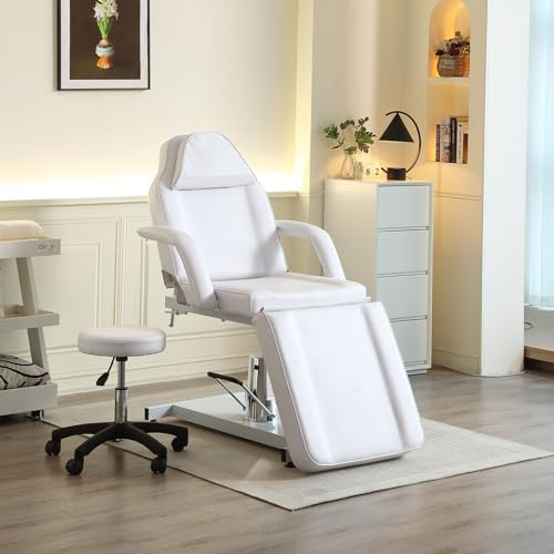 LSBIKE 360° Drehbare Professionelle Hydraulisch Kosmetikliege Mit Hocker Verstellbare Massageliege Mit Abnehmbaren Armlehnen & Kopfstütze – Tattooliege Set Für Spa, Tattoo, Gesichtspflege (Weiß)