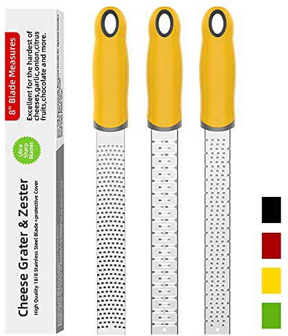 H HOMEWINS 3 Stück Zester Reibe Parmesanreibe Zitronenreibe Ingwerreibe Gurkenhobel Spülmaschinenfest Küchenreibe aus Edelstahl Klinge mit Rutschfester Griff und Schutzhülle (Gelb, Set A)