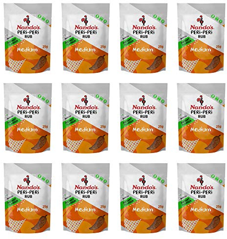 Nando's PERi-PERi Medium Dry Rub - BBQ Seasoning Instant Flavor with a Blend of Garlic, Herbs and Spices with PERi-Peri 25g Bags (12PK)